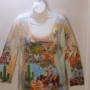 Under Glass Womens XL Greetings From Texas Graphic Burn Out Sequined Blouse